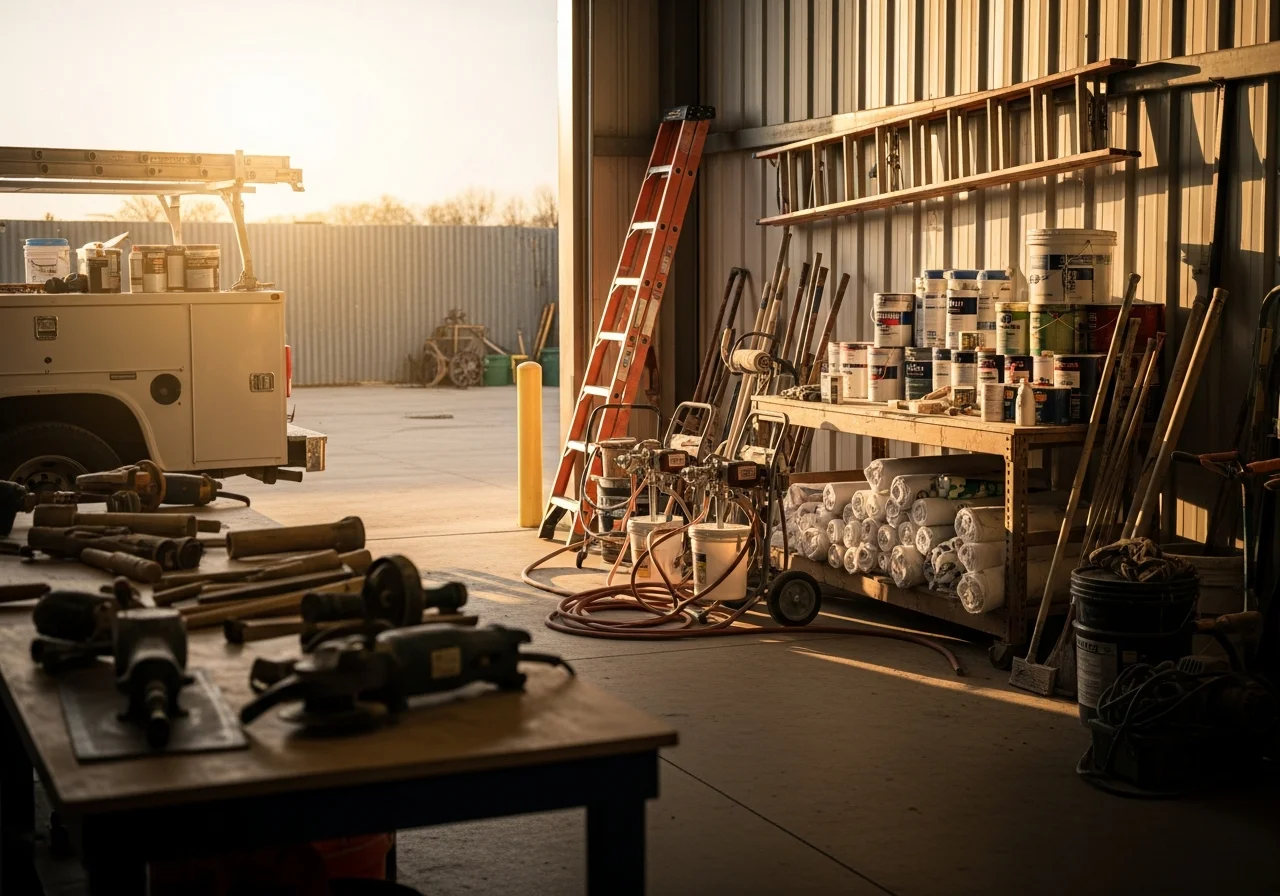 Professional painting crew and equipment ready for job site work, showcasing tools and preparation materials for interior and exterior projects.