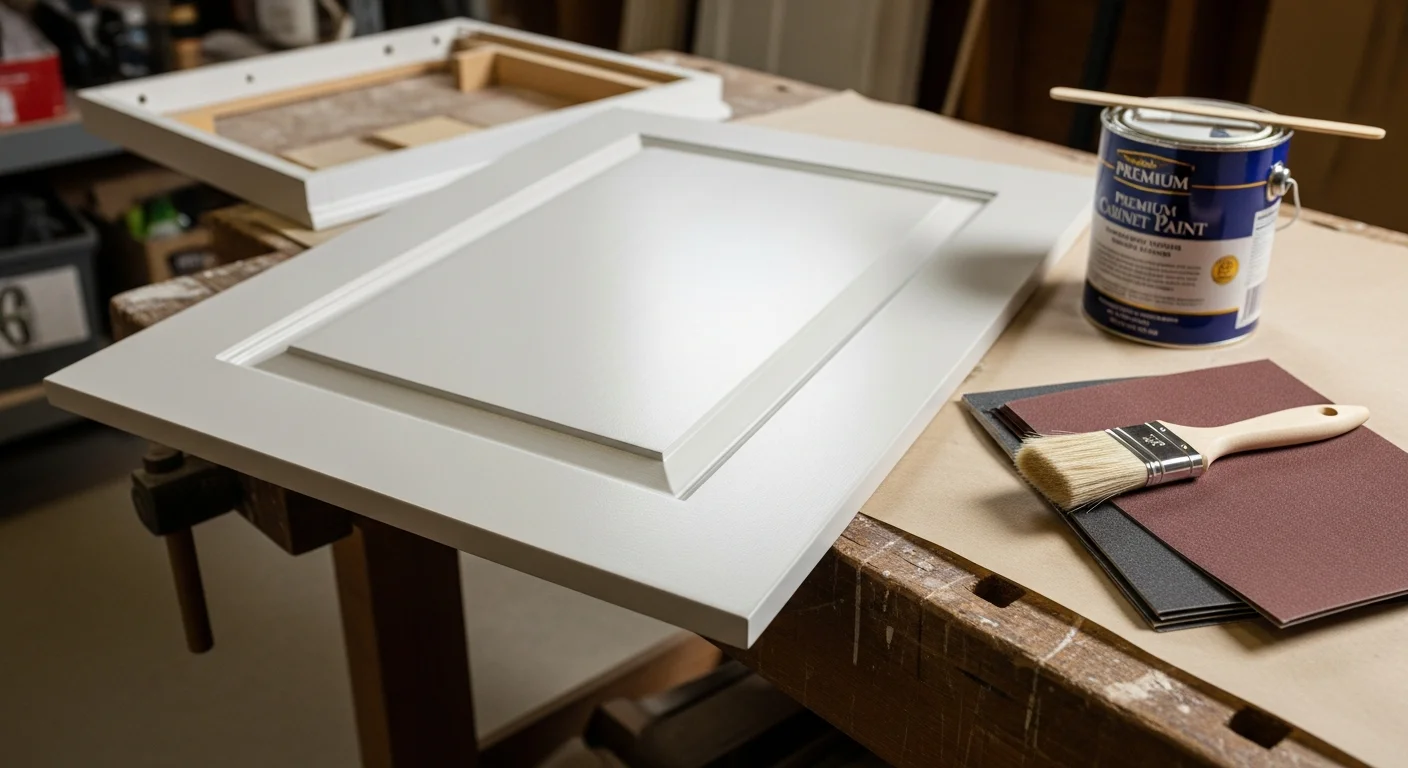 Freshly painted white kitchen cabinets in a Lincoln County home, showing smooth spray-applied finish on cabinet doors and frames. Cabinet hardware has been reinstalled and doors are properly aligned after professional painting by Hartley Painting Inc.