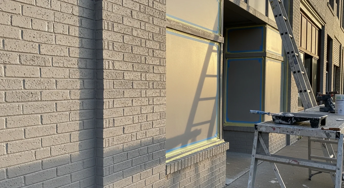 A freshly painted commercial building exterior in Lincoln County with clean, even coats on brick and siding surfaces. A Hartley Painting Inc crew works on scaffolding along the front facade of a retail or office structure.
