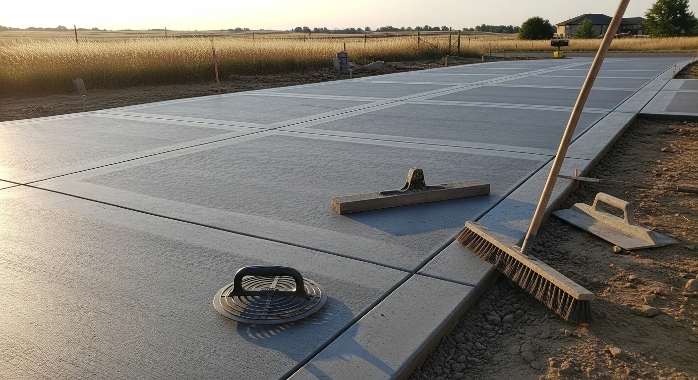 A freshly broom-finished concrete driveway at a residential property in Lincoln County, showing clean edges, uniform texture, and defined control joints. The surface runs from the garage apron to the street with consistent slope and no visible cracking.