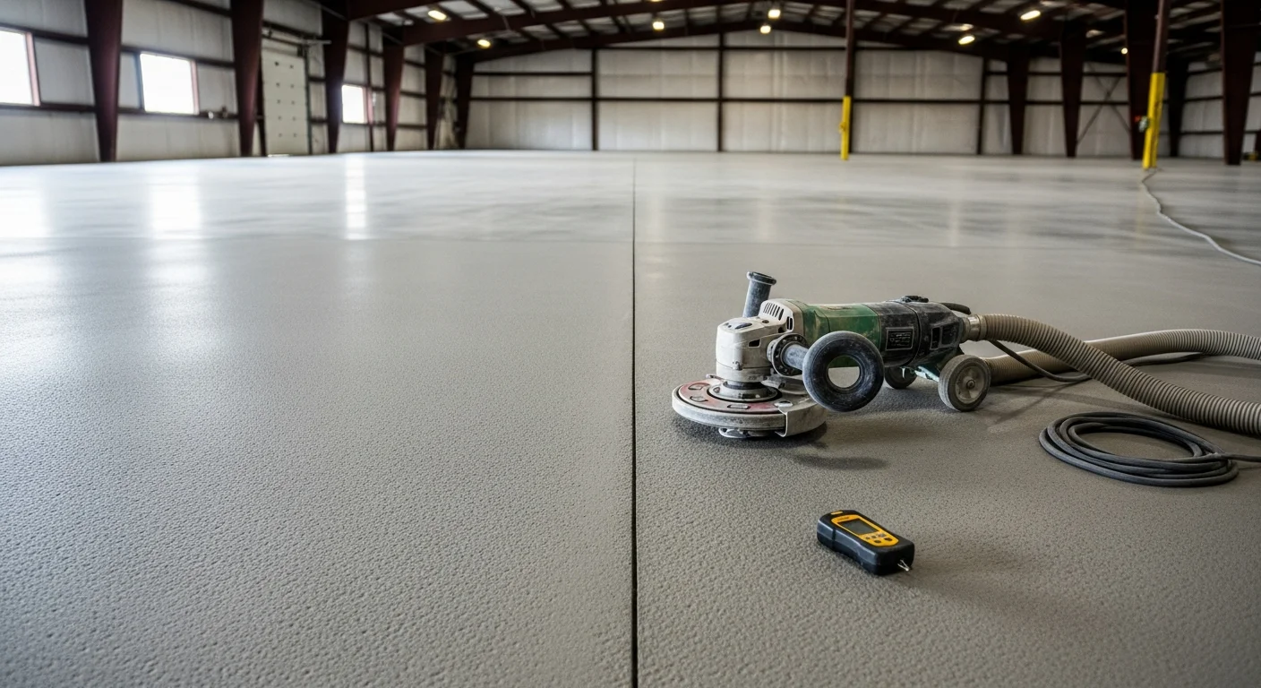 A Lincoln County concrete garage floor after grinding and shot-blasting, showing a clean, uniform gray surface profile ready for coating. The prepared slab shows no visible oil stains, old paint, or surface damage.