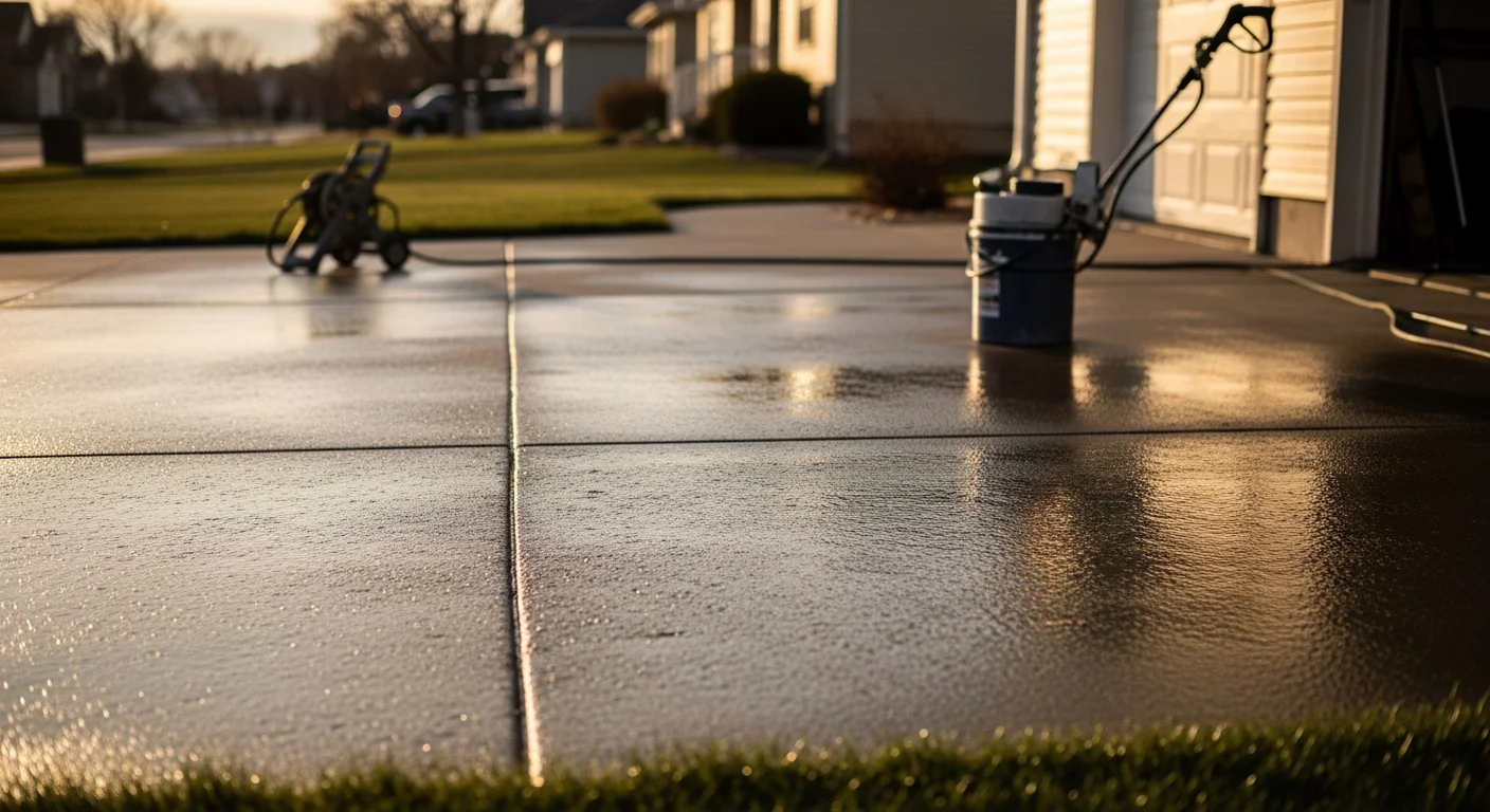 A freshly sealed concrete driveway at a residential property in Lincoln County with a clean, even surface finish. The sealed concrete shows a uniform appearance with no visible staining or surface cracking.