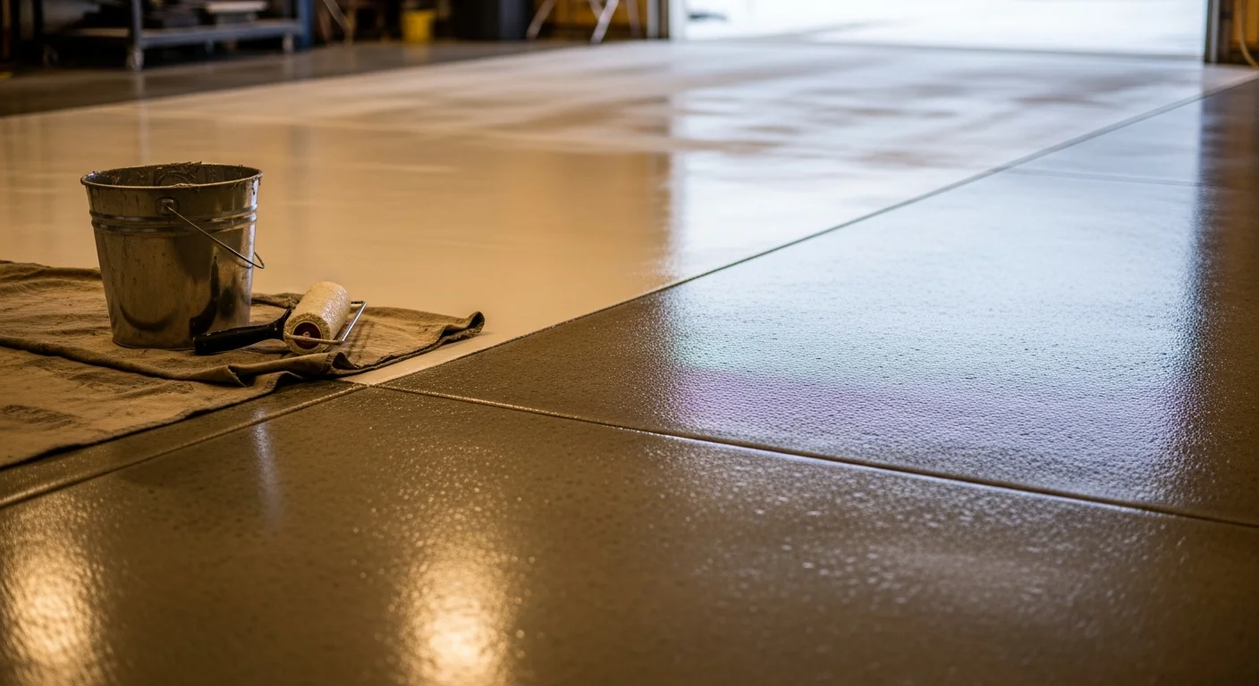 A freshly coated epoxy garage floor in Lincoln County, Nebraska, showing a smooth, light-gray surface with a glossy finish inside a residential garage. The concrete slab is clean and evenly coated with no visible cracks or staining.
