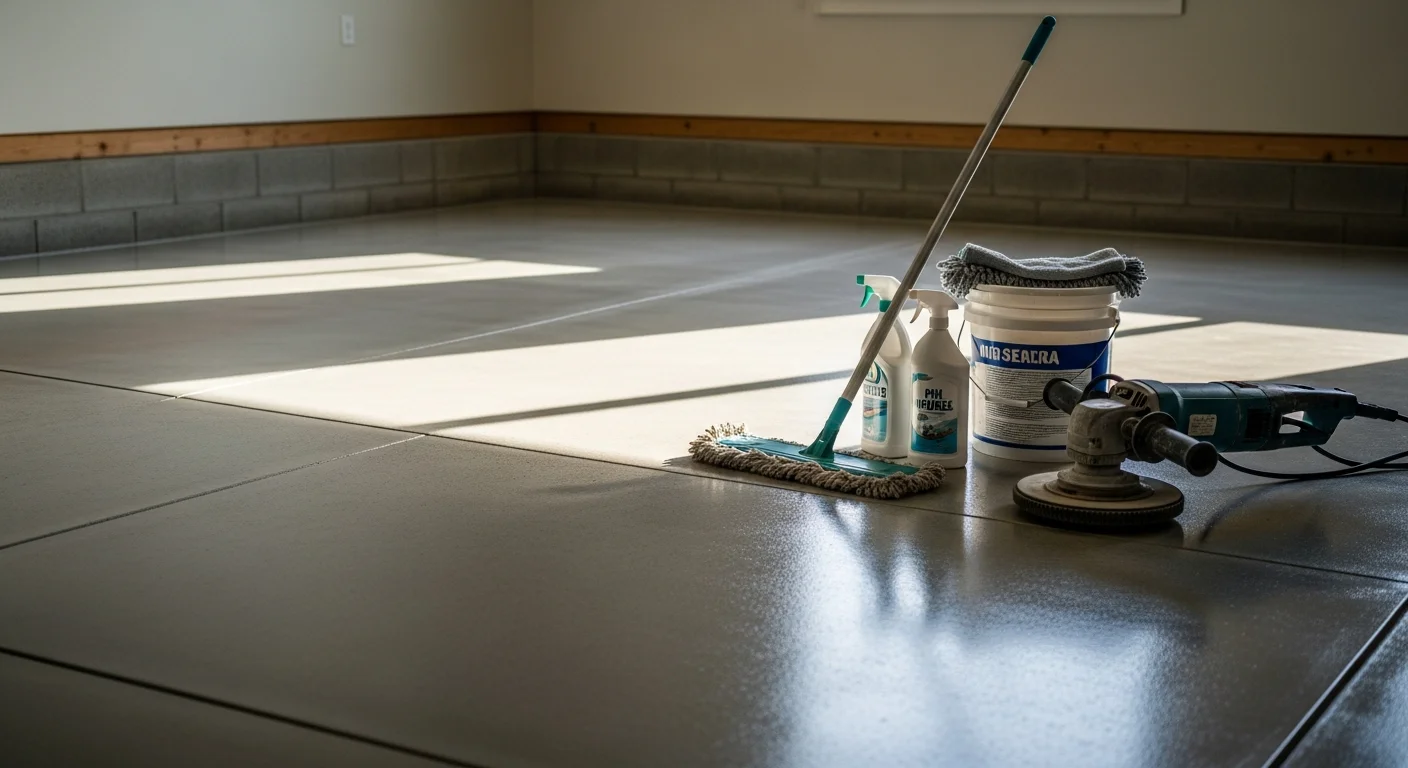 A freshly polished concrete floor inside a Lincoln County commercial space, showing a smooth, high-gloss surface under overhead lighting. The floor reflects the room's interior, with clean edges running along a concrete slab in a warehouse-style setting.