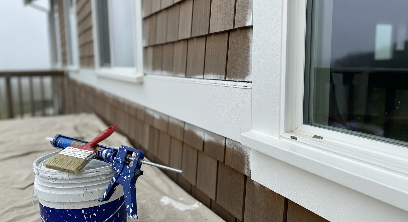 Freshly painted white exterior trim on a coastal home in Lincoln County, Oregon, showing clean window casings and fascia boards against painted wood siding. Close view highlights sharp paint edges and sealed joints on the home's exterior trim.